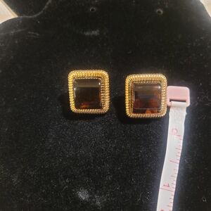 Vintage Gold Tone and Brown Square Earrings